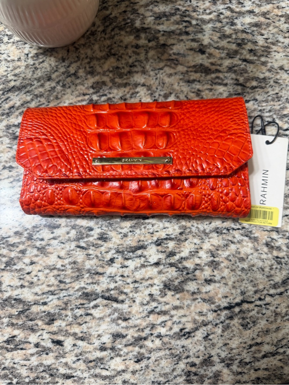 Brahmin Orange Croc-Embossed Leather Clutch with pen